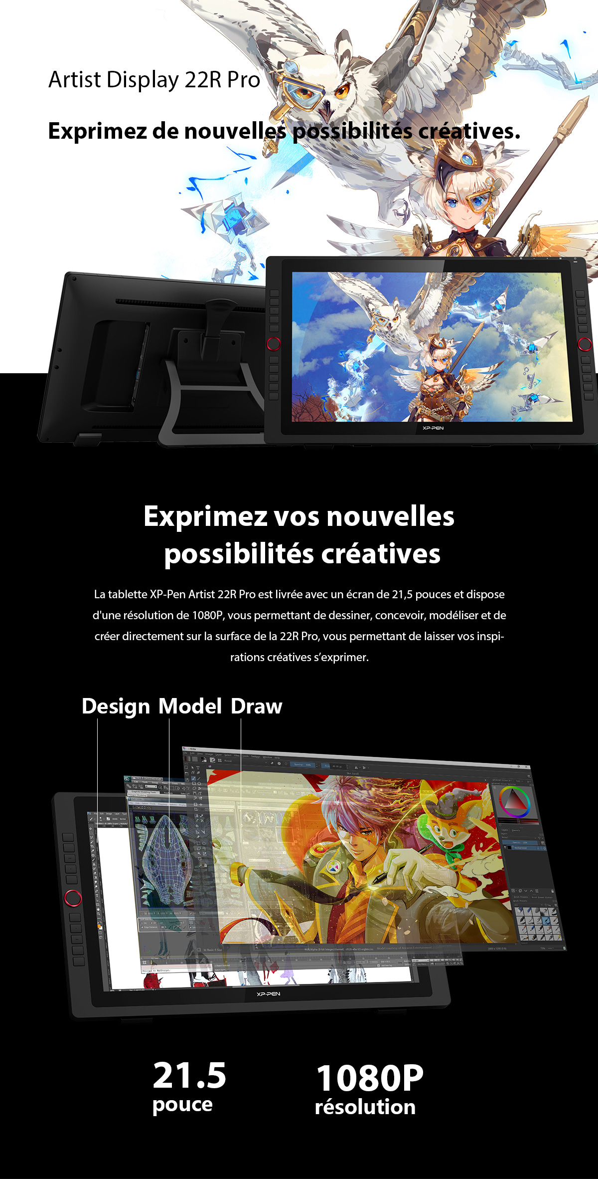 XP-PEN Artist 22R Pro Tablette à Ecran Professionnelle de 21,5 Pouces Moniteur de Dessin avec l'Interface USB-C - Idéal Outil pour l'art Numérique