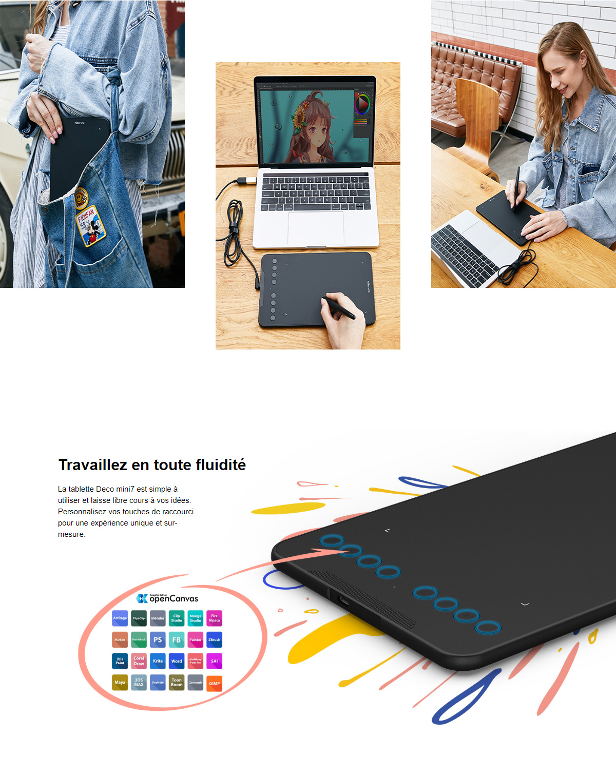 Android XP-PEN Deco mini7 Tablette Graphique 7x4 Pouces Stylet sans Batterie 8192 Niveaux 8 Raccourcis Mac Compatible avec Windows