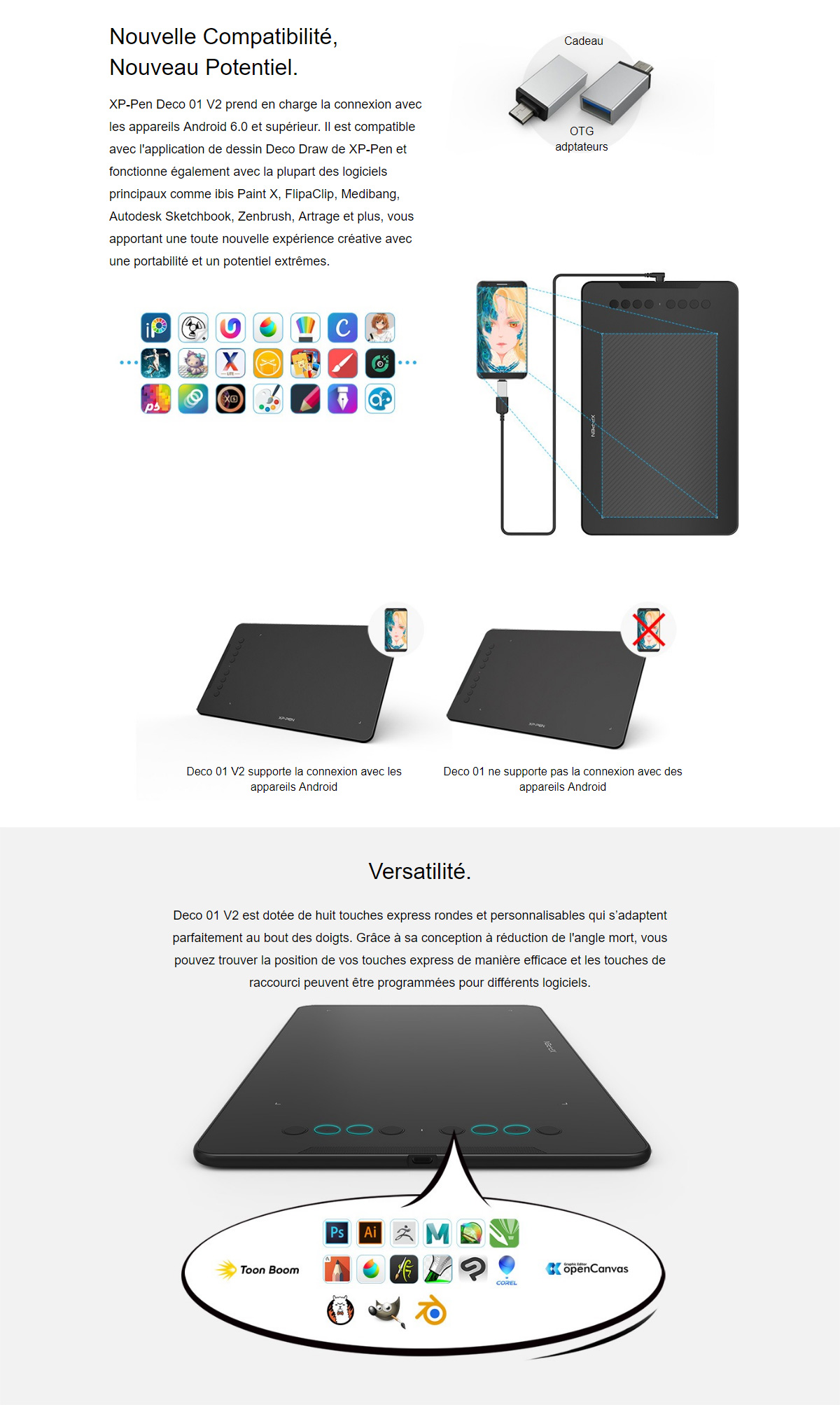 XP-PEN Deco 01 V2 Tablette Graphique à Dessin 10 Pouces Stylet Passif 8192 Niveau et Touches Express Rondes - Compatible avec Windows/Mac/Smartphone Android