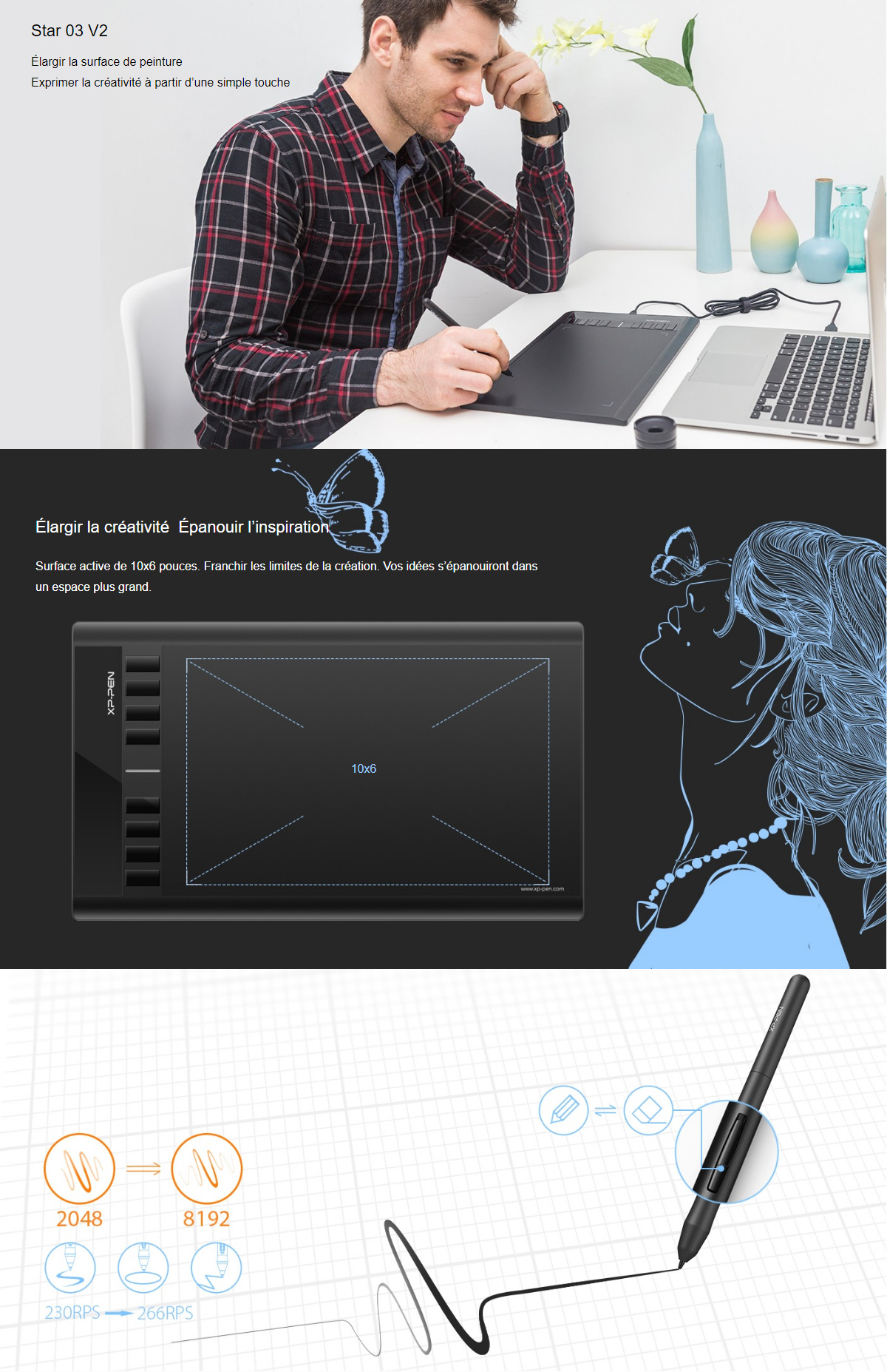 XP-Pen Star03 V2 Tablette Graphique 12 Pouces avec Stylet Passif 8192 Niveaux et 8 Raccourcis Noir Pallette Dessin Numérique