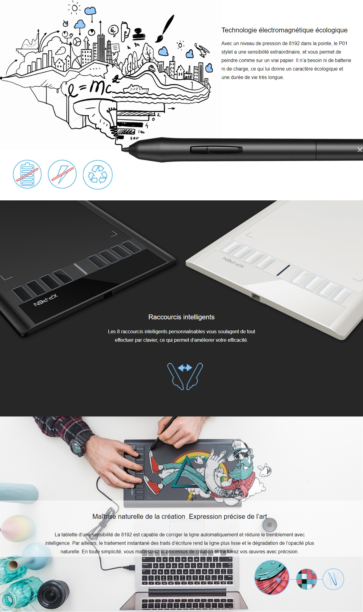 XP-Pen Star03 V2 Tablette Graphique 12 Pouces avec Stylet Passif 8192 Niveaux et 8 Raccourcis Noir Pallette Dessin Numérique
