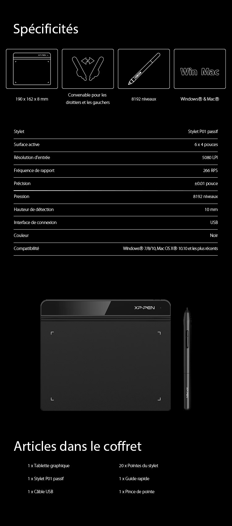 Spécification et Articles du tablette graphique portable XP-Pen Star G640